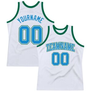 Custom White Blue-Kelly Green Authentic Throwback Basketball Jersey