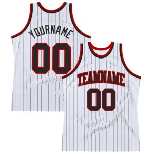 Custom White Black Pinstripe Black-Red Authentic Basketball Jersey