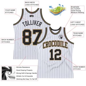 Custom White Black Pinstripe Black-Old Gold Authentic Basketball Jersey