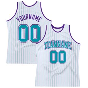 Custom White Teal Pinstripe Teal-Purple Authentic Basketball Jersey