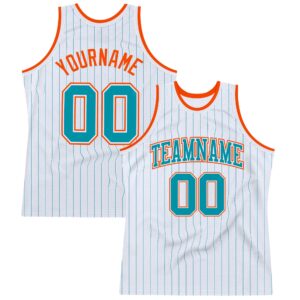 Custom White Teal Pinstripe Teal-Orange Authentic Basketball Jersey