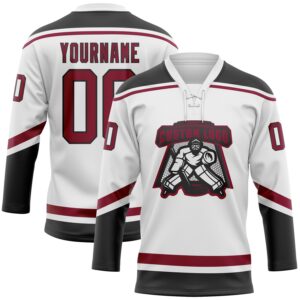 Custom White Maroon-Black Hockey Lace Neck Jersey