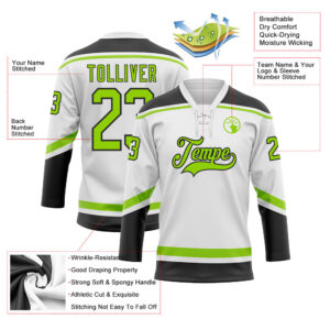 Custom White Neon Green-Black Hockey Lace Neck Jersey