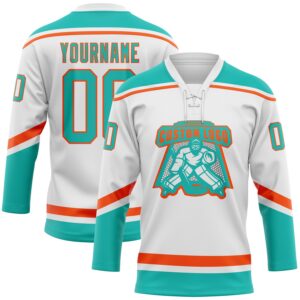 Custom White Aqua-Orange Hockey Lace Neck Jersey