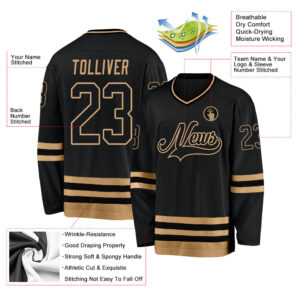 Custom Black Black-Old Gold Hockey Jersey