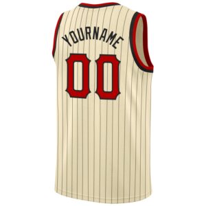 Custom Cream Black Pinstripe Red-Black Authentic Basketball Jersey