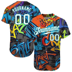 Custom Graffiti Geometric Pattern White-Teal 3D Authentic Baseball Jersey