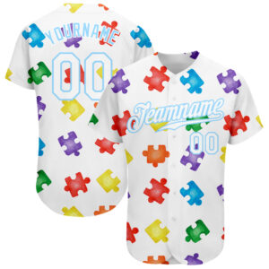 Custom Autism Awareness Puzzle Pieces White-Light Blue 3D Authentic Baseball Jersey