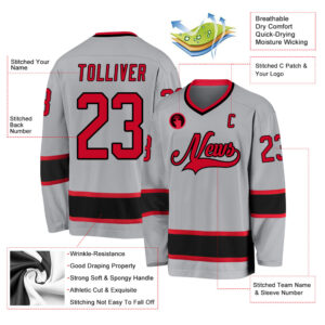 Custom Gray Red-Black Hockey Jersey