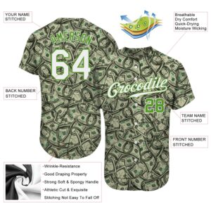 Custom Green White-Neon Green 3D Pattern Design Dollar Authentic Baseball Jersey