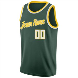 Custom Hunter Green White-Gold Round Neck Rib-Knit Basketball Jersey