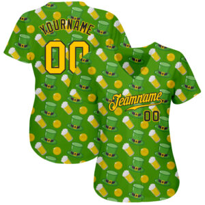 Custom Kelly Green Gold-Black 3D Pattern Design Authentic St. Patrick’s Day Baseball Jersey