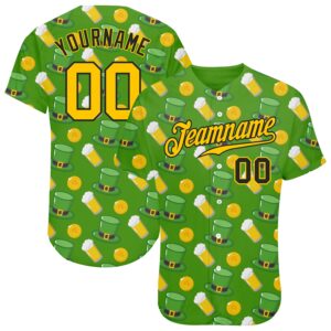 Custom Kelly Green Gold-Black 3D Pattern Design Authentic St. Patrick’s Day Baseball Jersey