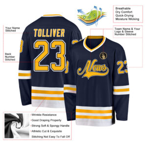 Custom Navy Gold-White Hockey Jersey