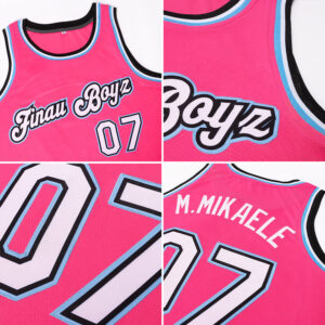 Custom Pink White-Light Blue Round Neck Rib-Knit Basketball Jersey