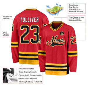 Custom Red Black-Gold Hockey Jersey