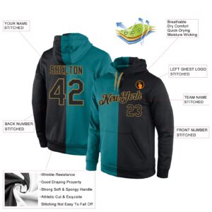 Custom Stitched Aqua Black-Old Gold Split Fashion Sports Pullover Sweatshirt Hoodie