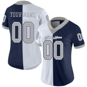 Custom Navy Gray-White Mesh Split Fashion Football Jersey