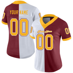 Custom Burgundy Gold-White Mesh Split Fashion Football Jersey