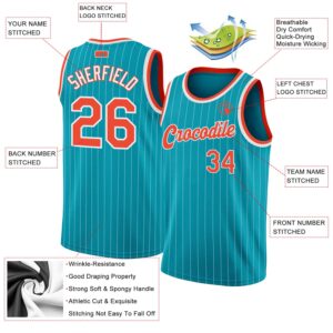 Custom Teal White Pinstripe Orange-White Authentic Basketball Jersey