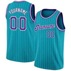 Custom Teal White Pinstripe Purple-White Authentic Basketball Jersey