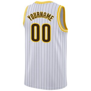 Custom White Brown Pinstripe Brown-Gold Authentic Basketball Jersey