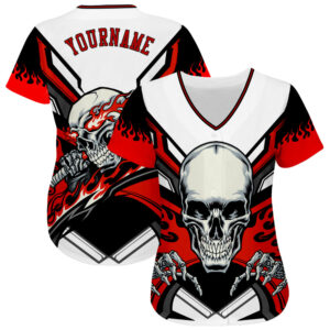 Custom White Red-Black 3D Skull Authentic Baseball Jersey