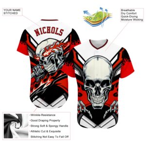 Custom White Red-Black 3D Skull Authentic Baseball Jersey