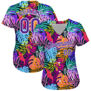 Custom White Purple-White 3D Pattern Design Hawaii Palm Trees Authentic Baseball Jersey